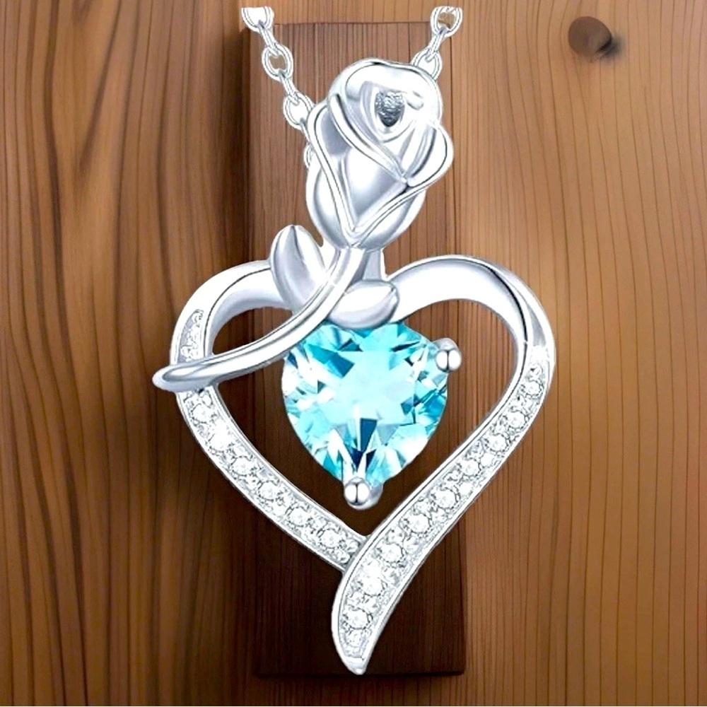 Sterling Silver Rose Heart Moissanite Blue Stone Necklace NWOT 🌼 - Picture 2 of 4